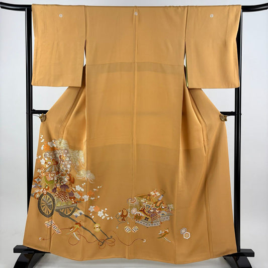 留袖禮服禮服 身長161cm 袖長64cm M 雙層 千總 落款あり 寶盡くし 荷車 金絲刺繡 淺橙色 純蠶絲 逸品級 三つ紋