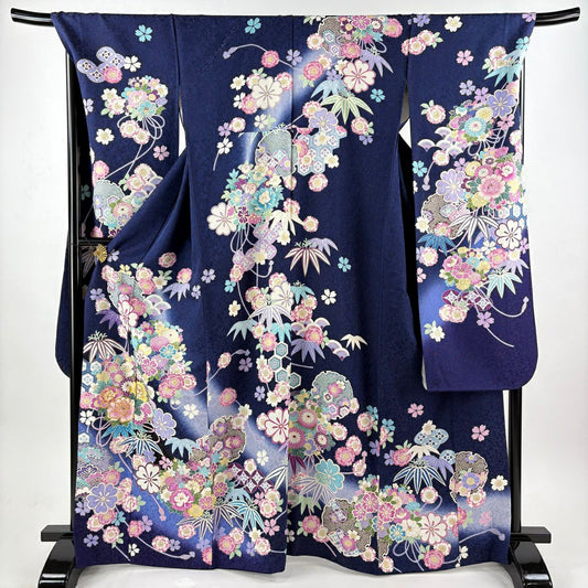 振袖禮服 身長166cm 袖長70cm L 雙層 雪輪 牡丹 金糸 金通し 深藍 純蠶絲 逸品級