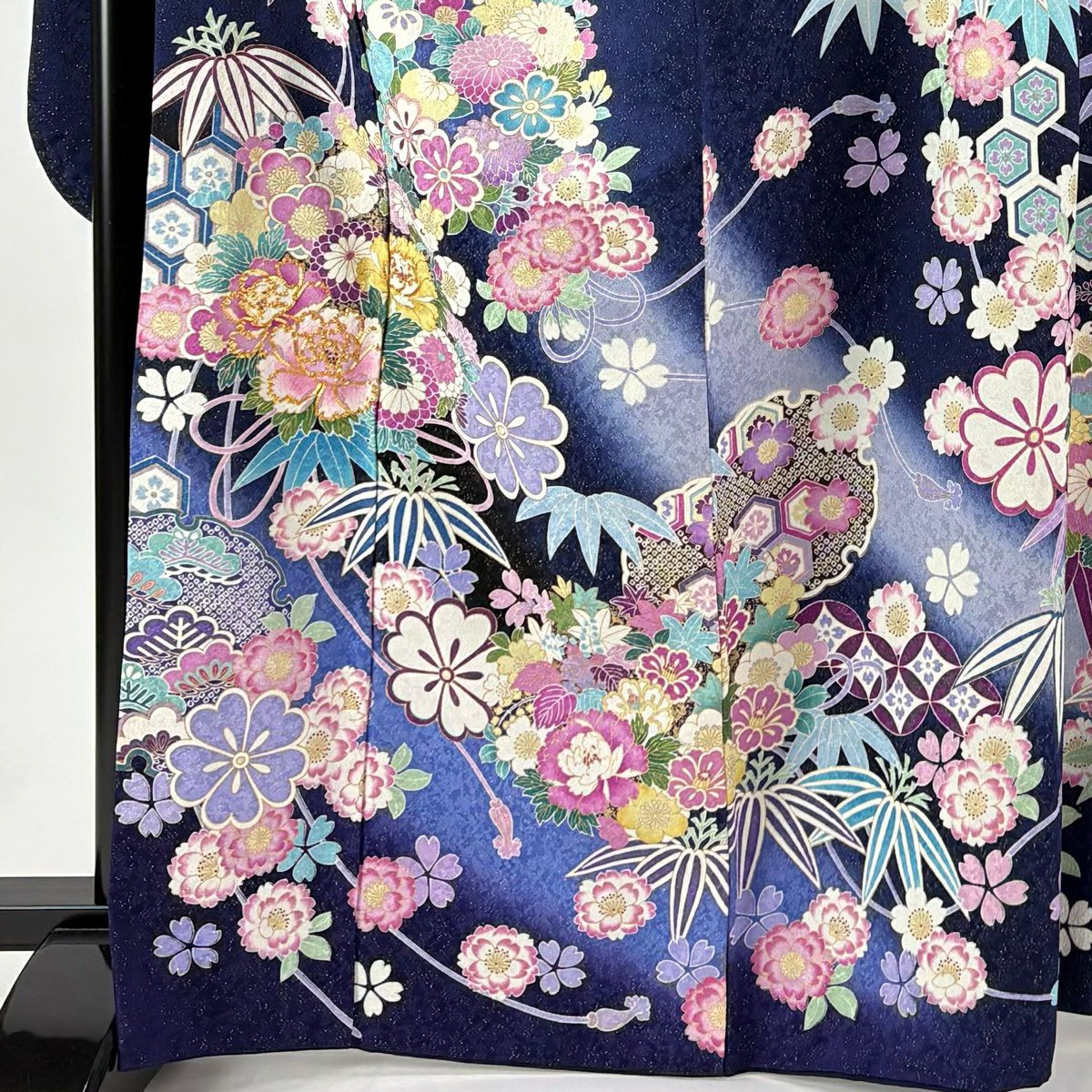 振袖禮服 身長166cm 袖長70cm L 雙層 雪輪 牡丹 金糸 金通し 深藍 純蠶絲 逸品級