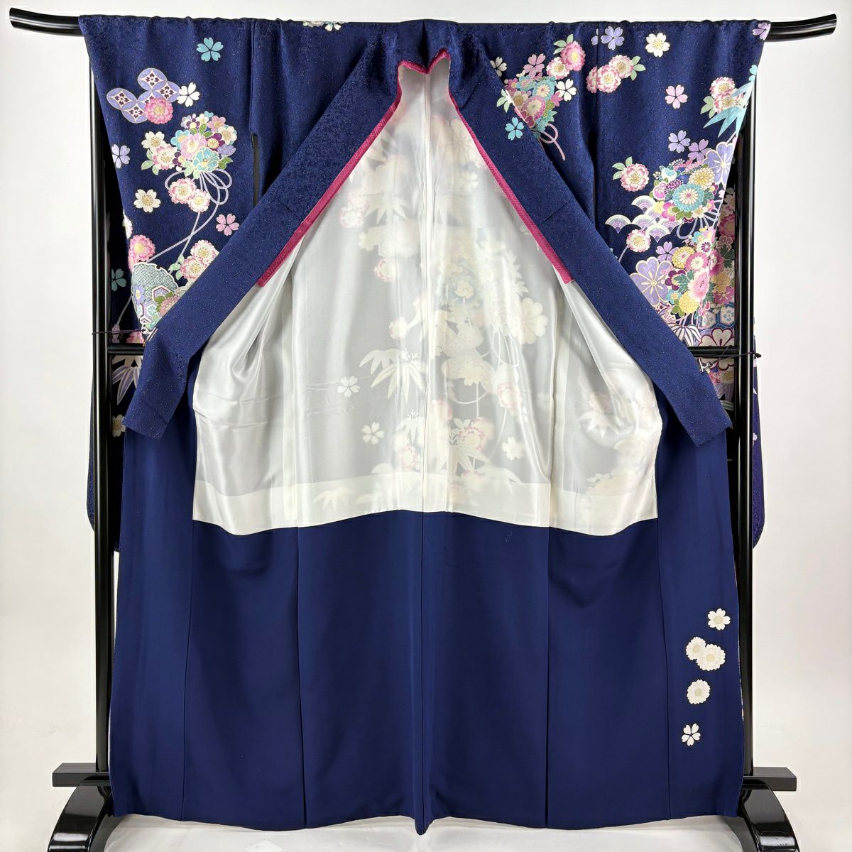 振袖禮服 身長166cm 袖長70cm L 雙層 雪輪 牡丹 金糸 金通し 深藍 純蠶絲 逸品級