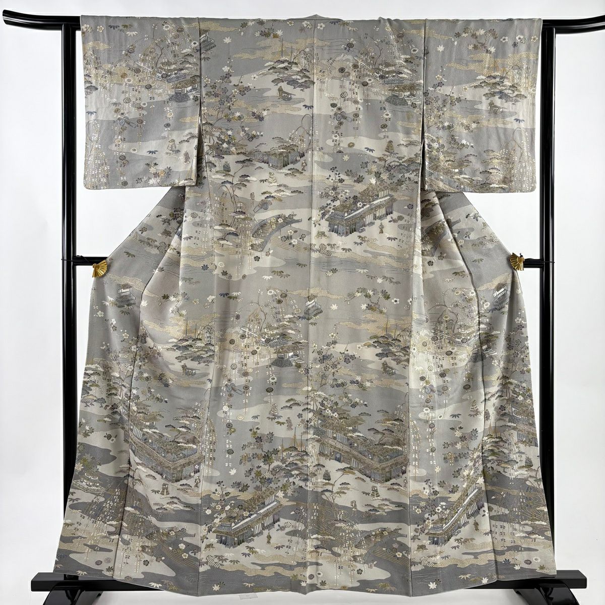 訪問服 身長160cm 袖長62.5cm S 雙層 建物 松樹竹子梅花 刺繡 金糸 灰 純蠶絲 逸品級