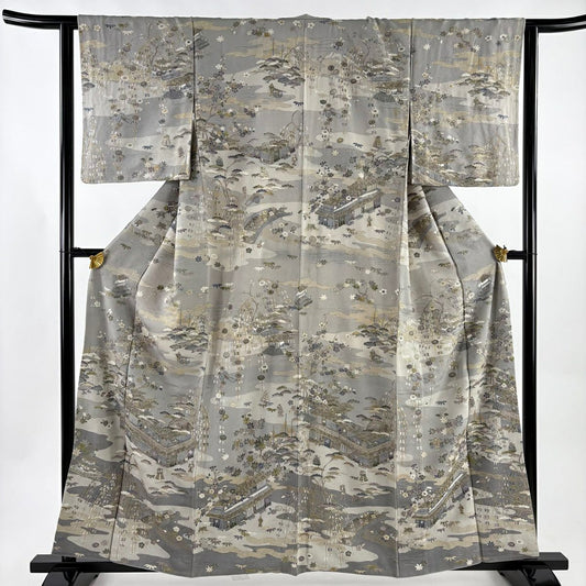訪問服 身長160cm 袖長62.5cm S 雙層 建物 松樹竹子梅花 刺繡 金糸 灰 純蠶絲 逸品級