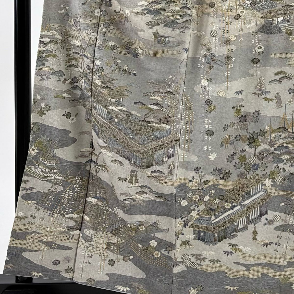 訪問服 身長160cm 袖長62.5cm S 雙層 建物 松樹竹子梅花 刺繡 金糸 灰 純蠶絲 逸品級