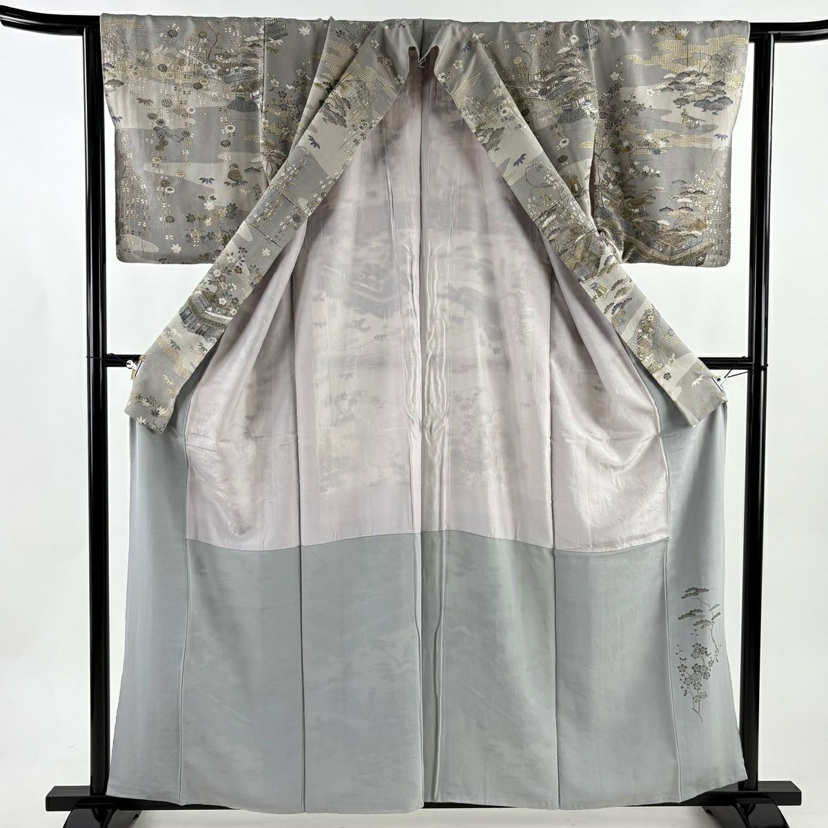 訪問服 身長160cm 袖長62.5cm S 雙層 建物 松樹竹子梅花 刺繡 金糸 灰 純蠶絲 逸品級