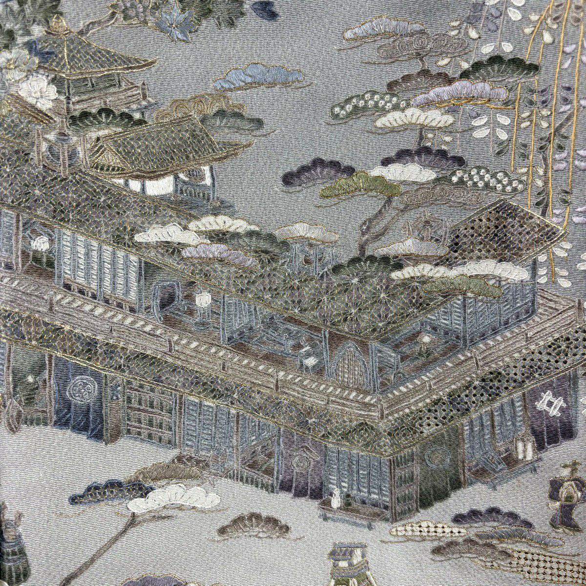 訪問服 身長160cm 袖長62.5cm S 雙層 建物 松樹竹子梅花 刺繡 金糸 灰 純蠶絲 逸品級