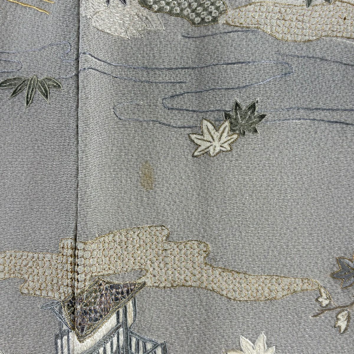 訪問服 身長160cm 袖長62.5cm S 雙層 建物 松樹竹子梅花 刺繡 金糸 灰 純蠶絲 逸品級