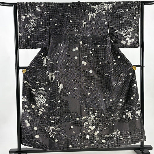 訪問服 身長156cm 袖長63cm S 雙層 雪輪 松樹竹子梅花 刺繡 黑 純蠶絲 逸品級