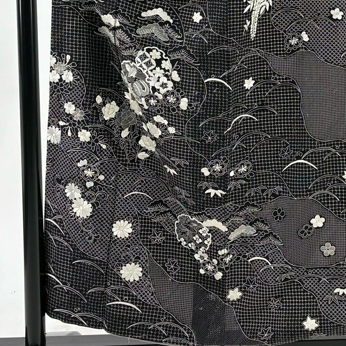 訪問服 身長156cm 袖長63cm S 雙層 雪輪 松樹竹子梅花 刺繡 黑 純蠶絲 逸品級