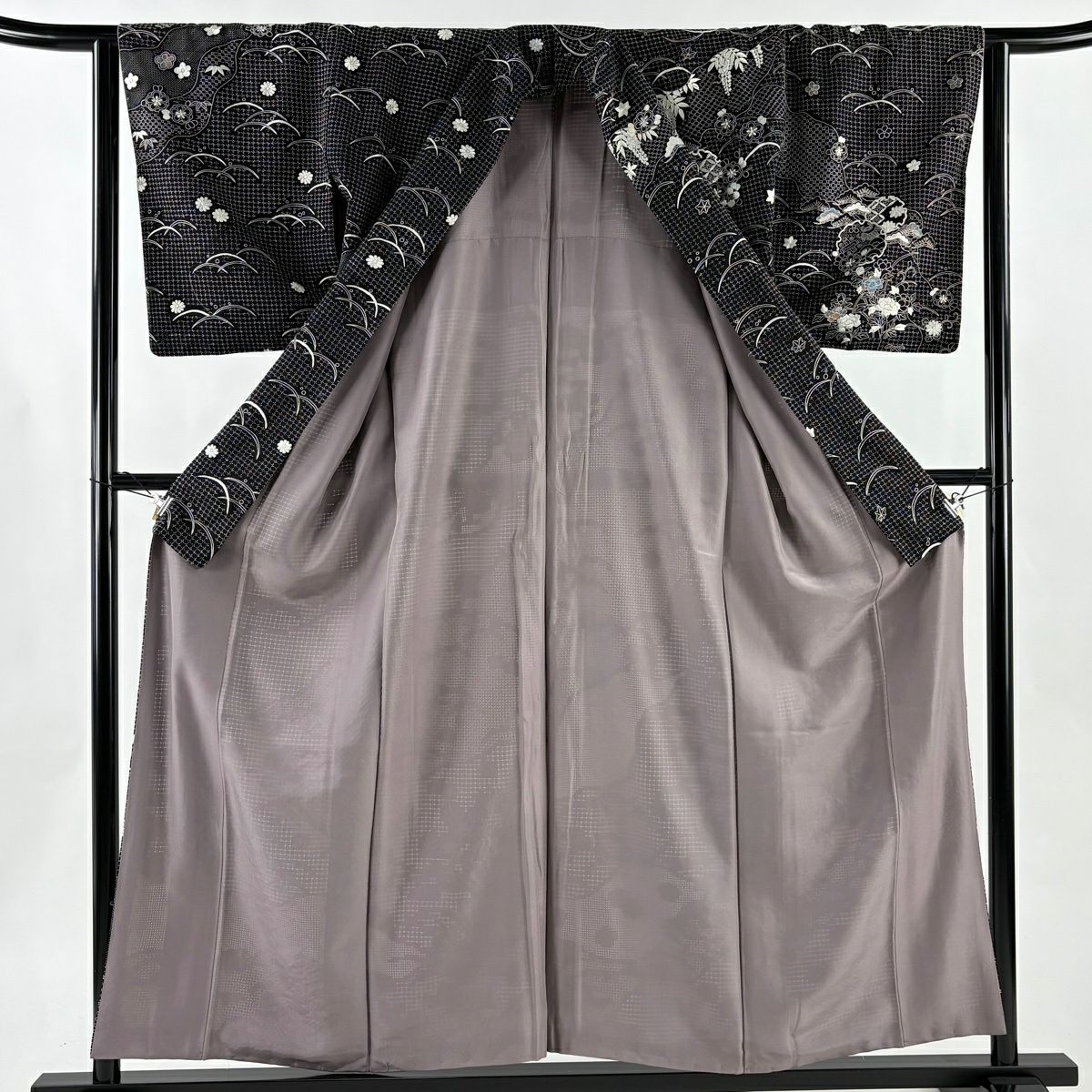 訪問服 身長156cm 袖長63cm S 雙層 雪輪 松樹竹子梅花 刺繡 黑 純蠶絲 逸品級
