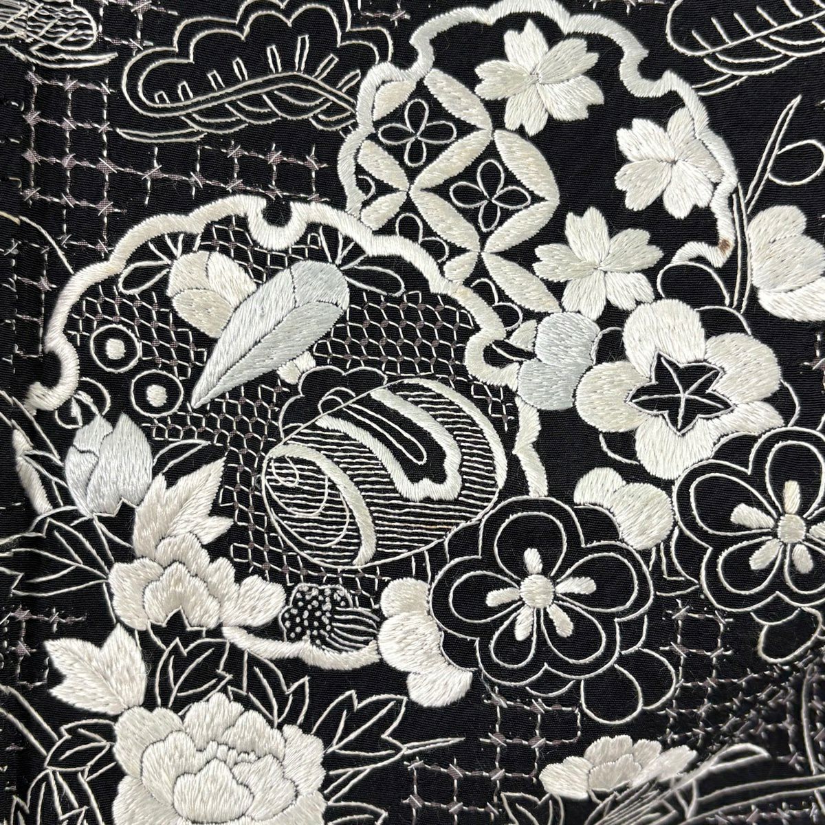 訪問服 身長156cm 袖長63cm S 雙層 雪輪 松樹竹子梅花 刺繡 黑 純蠶絲 逸品級