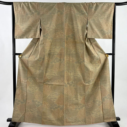 結城織 身長165.5cm 袖長65cm M 雙層 本場結城織 證書附上 菱 松樹 薄黃土 純蠶絲 逸品級