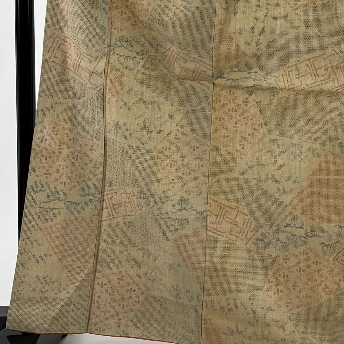 結城織 身長165.5cm 袖長65cm M 雙層 本場結城織 證書附上 菱 松樹 薄黃土 純蠶絲 逸品級