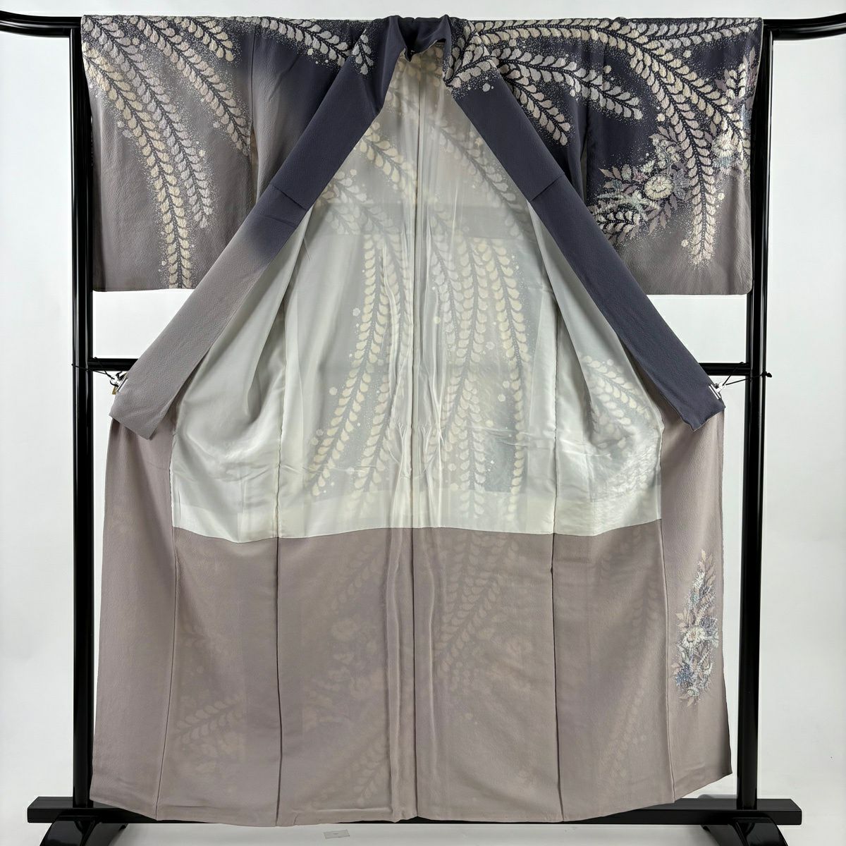訪問服 身長157cm 袖長64.5cm M 雙層 翠山工房 落款あり 辻花染 菱格子 染分 ぼかし 灰紫 純蠶絲 逸品級