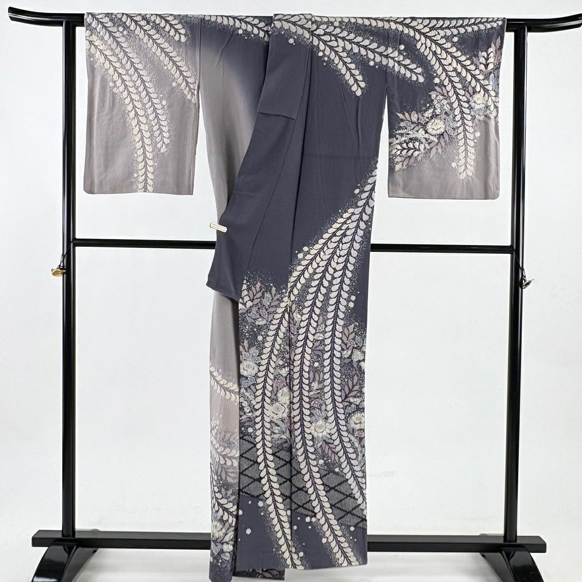 訪問服 身長157cm 袖長64.5cm M 雙層 翠山工房 落款あり 辻花染 菱格子 染分 ぼかし 灰紫 純蠶絲 逸品級