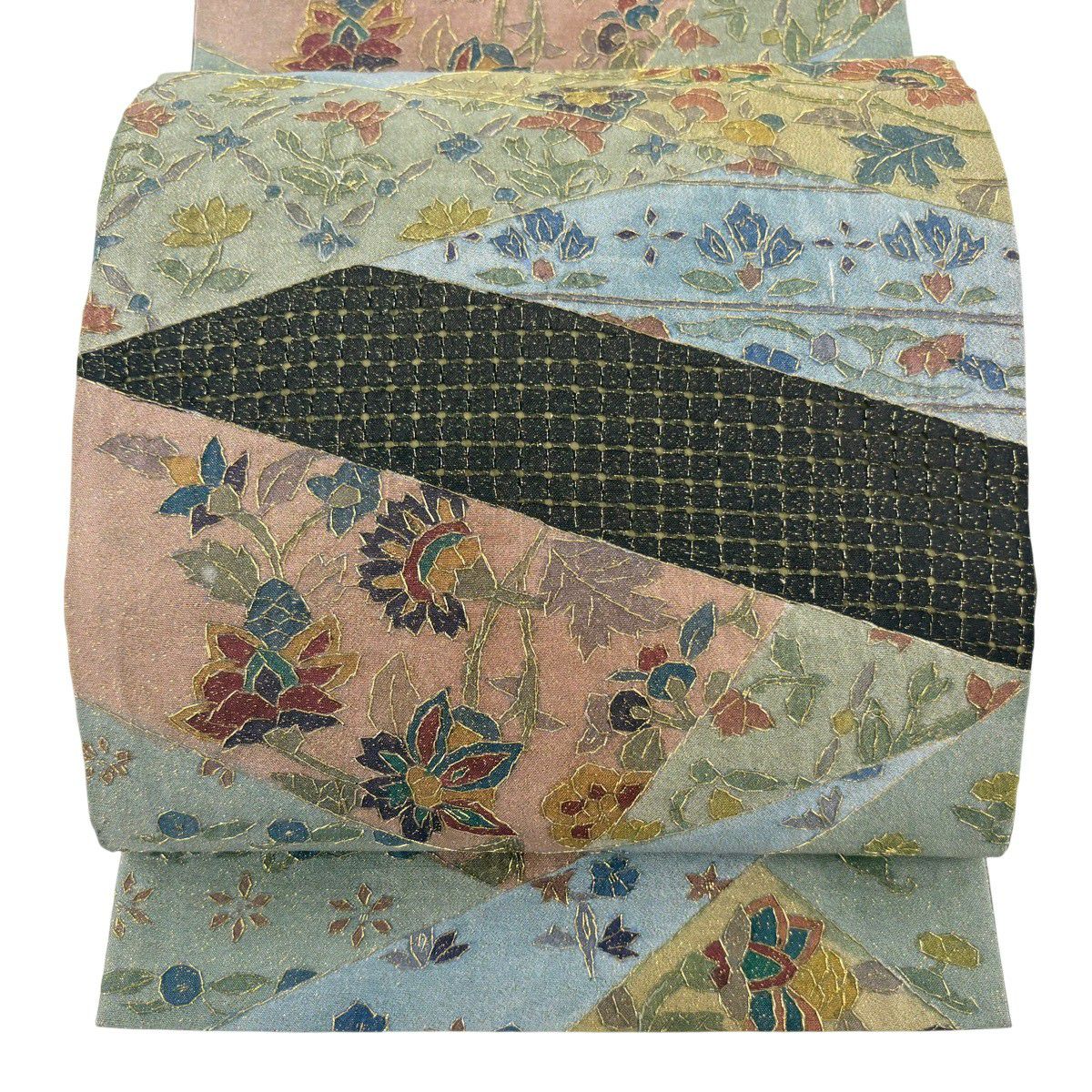 袋帶 逸品級 草花紋 金糸 刺繡 灰綠 全通 純蠶絲