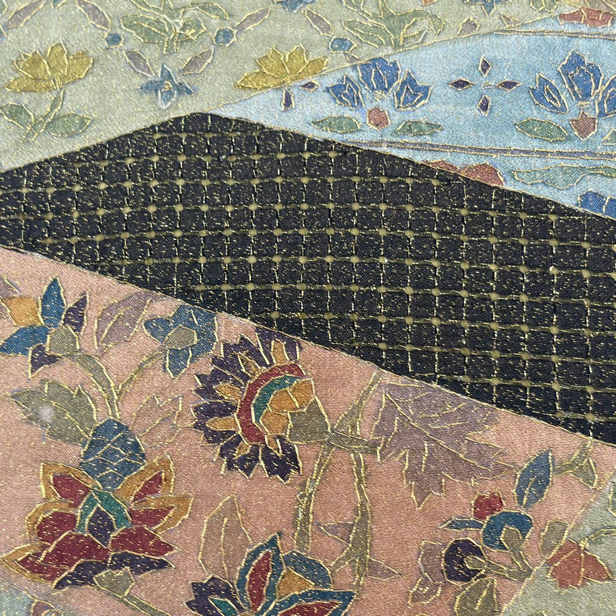 袋帶 逸品級 草花紋 金糸 刺繡 灰綠 全通 純蠶絲