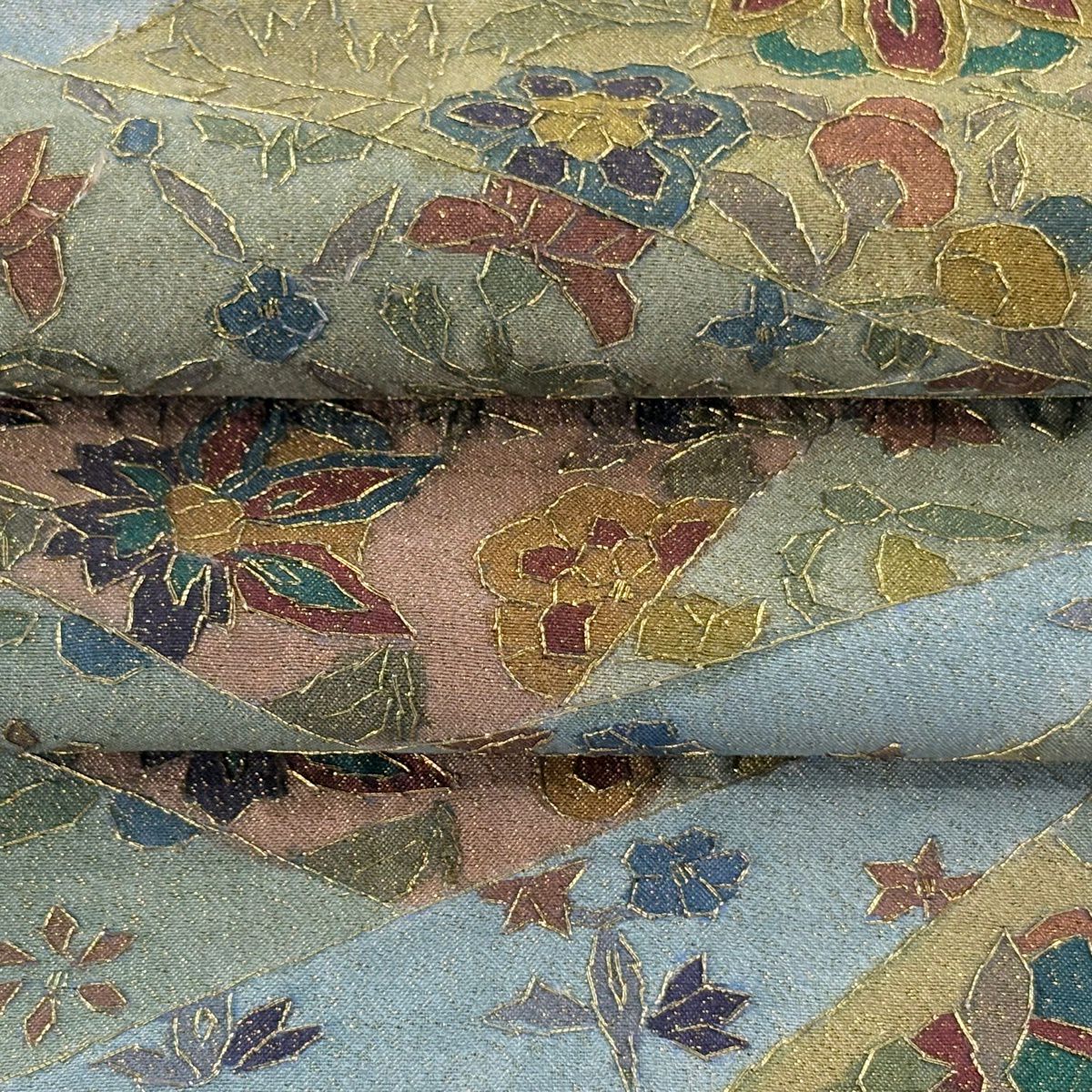 袋帶 逸品級 草花紋 金糸 刺繡 灰綠 全通 純蠶絲