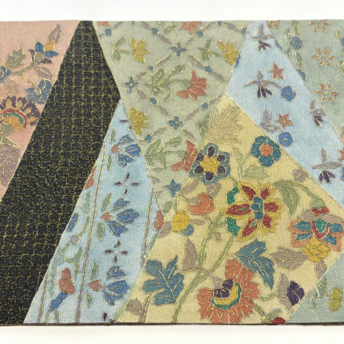袋帶 逸品級 草花紋 金糸 刺繡 灰綠 全通 純蠶絲