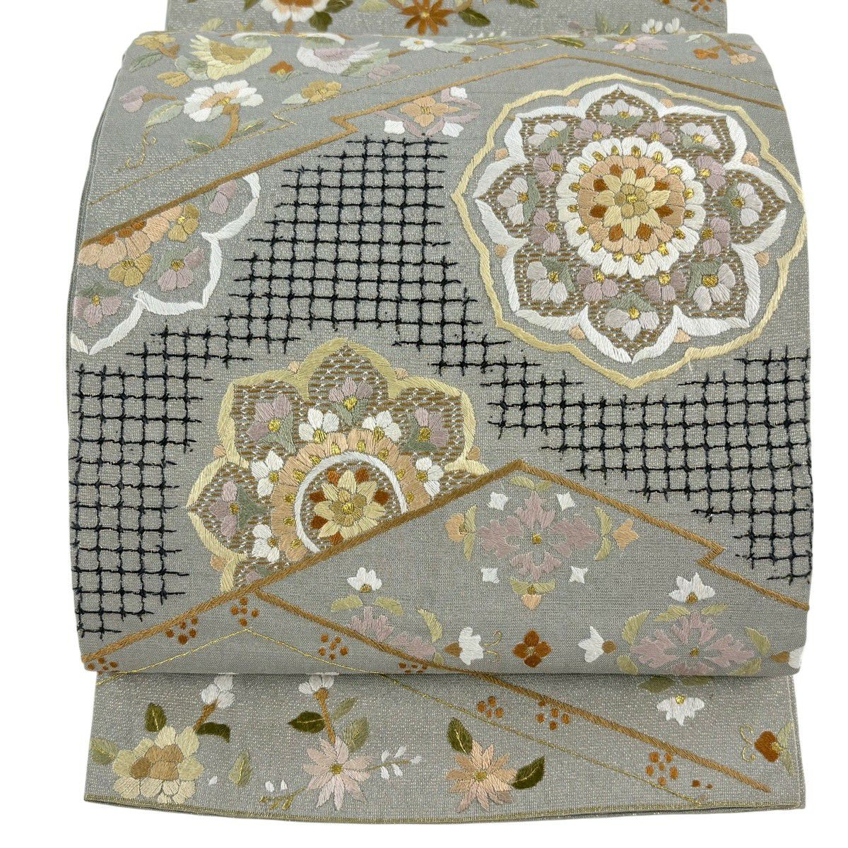 袋帶 逸品級 華紋 向鳥 金絲 刺繡 灰 深藍 六通 純蠶絲
