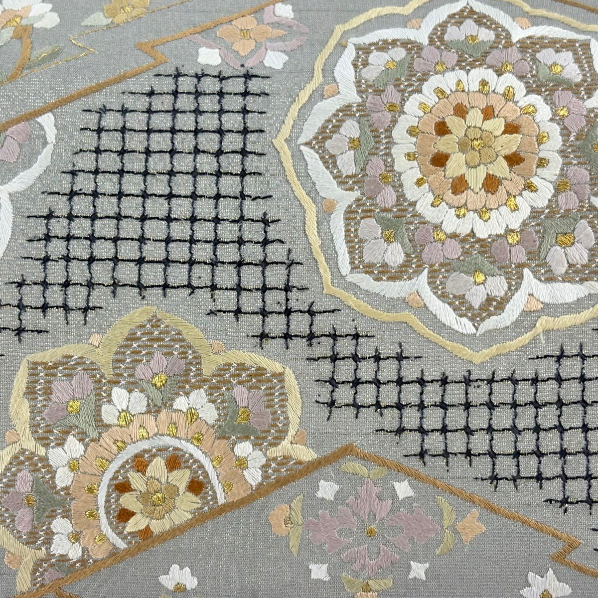 袋帶 逸品級 華紋 向鳥 金絲 刺繡 灰 深藍 六通 純蠶絲