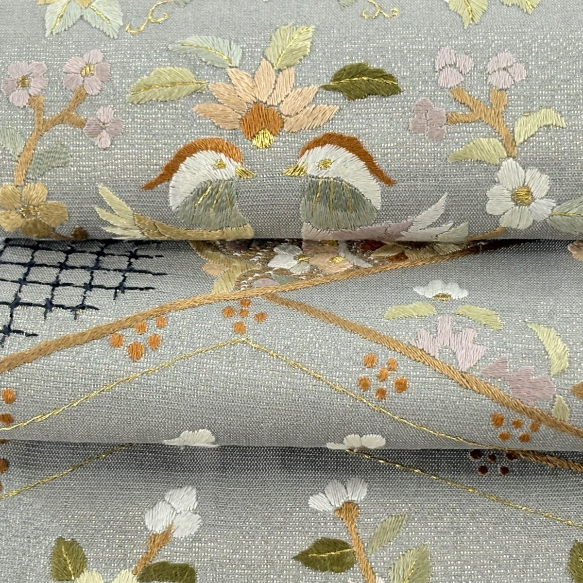 袋帶 逸品級 華紋 向鳥 金絲 刺繡 灰 深藍 六通 純蠶絲