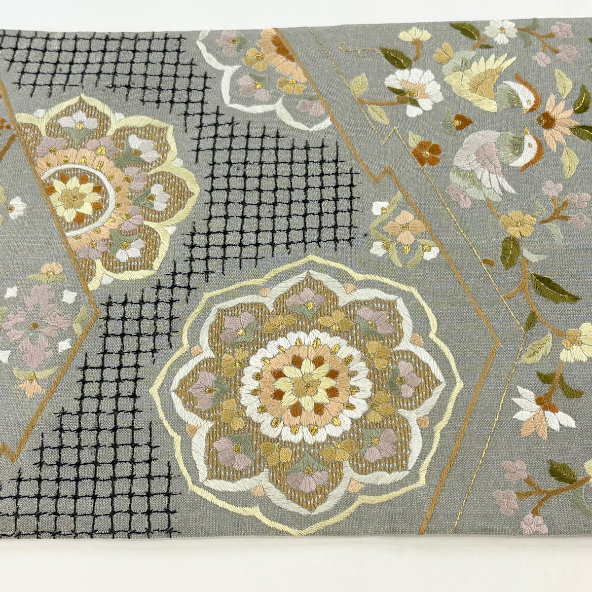 袋帶 逸品級 華紋 向鳥 金絲 刺繡 灰 深藍 六通 純蠶絲