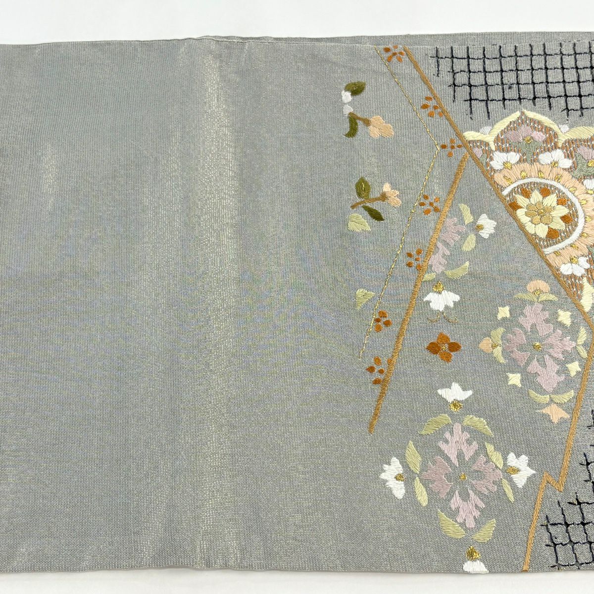 袋帶 逸品級 華紋 向鳥 金絲 刺繡 灰 深藍 六通 純蠶絲