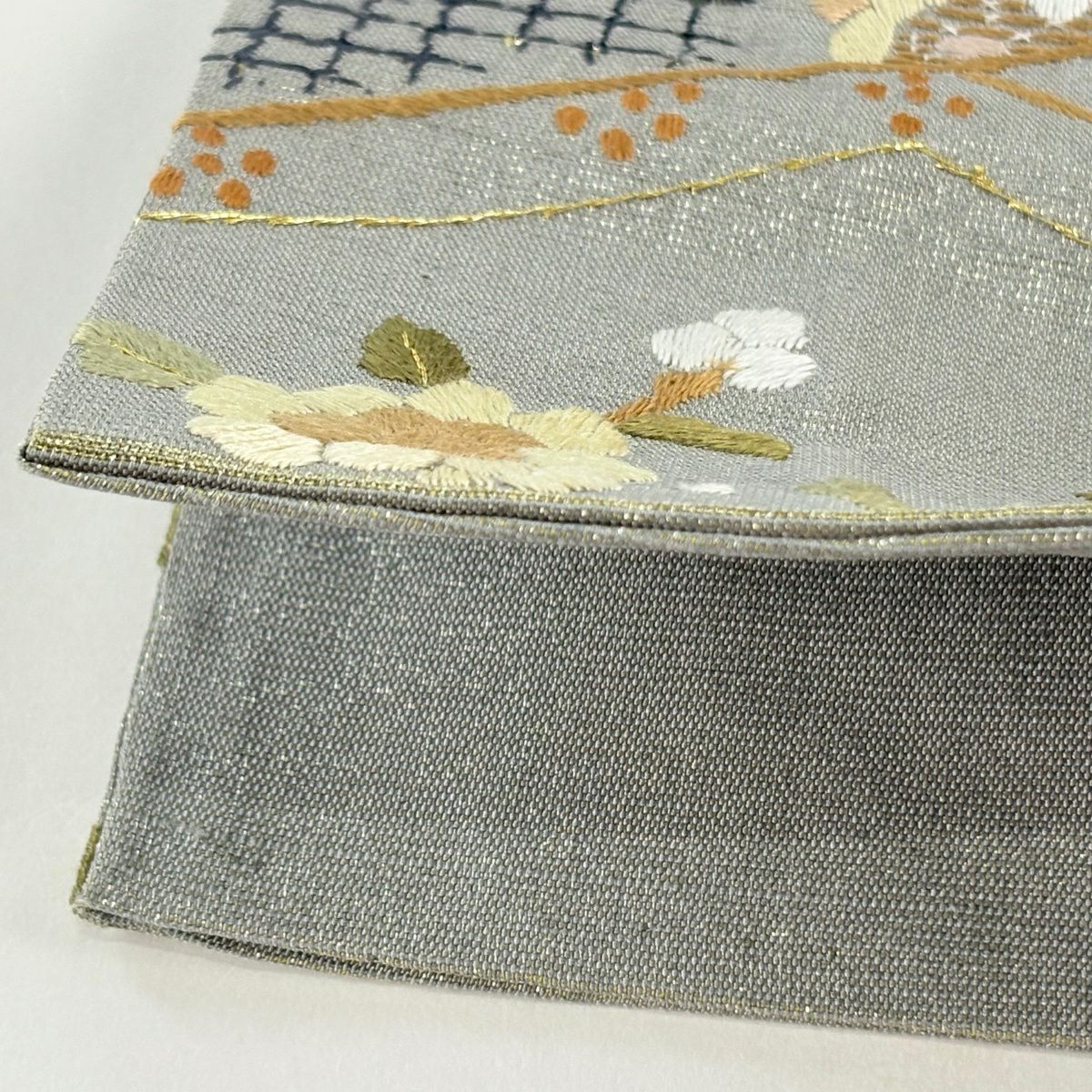 袋帶 逸品級 華紋 向鳥 金絲 刺繡 灰 深藍 六通 純蠶絲