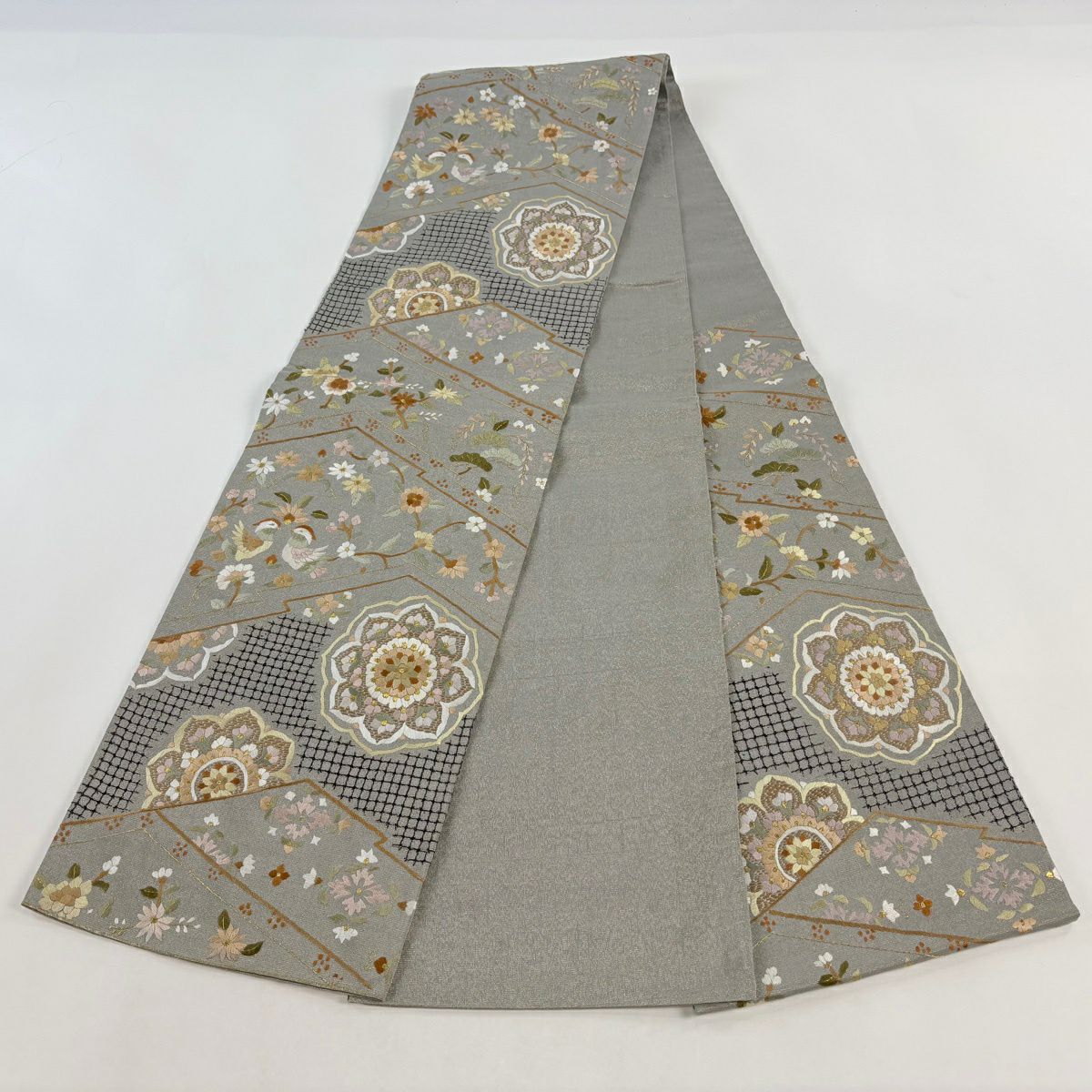 袋帶 逸品級 華紋 向鳥 金絲 刺繡 灰 深藍 六通 純蠶絲