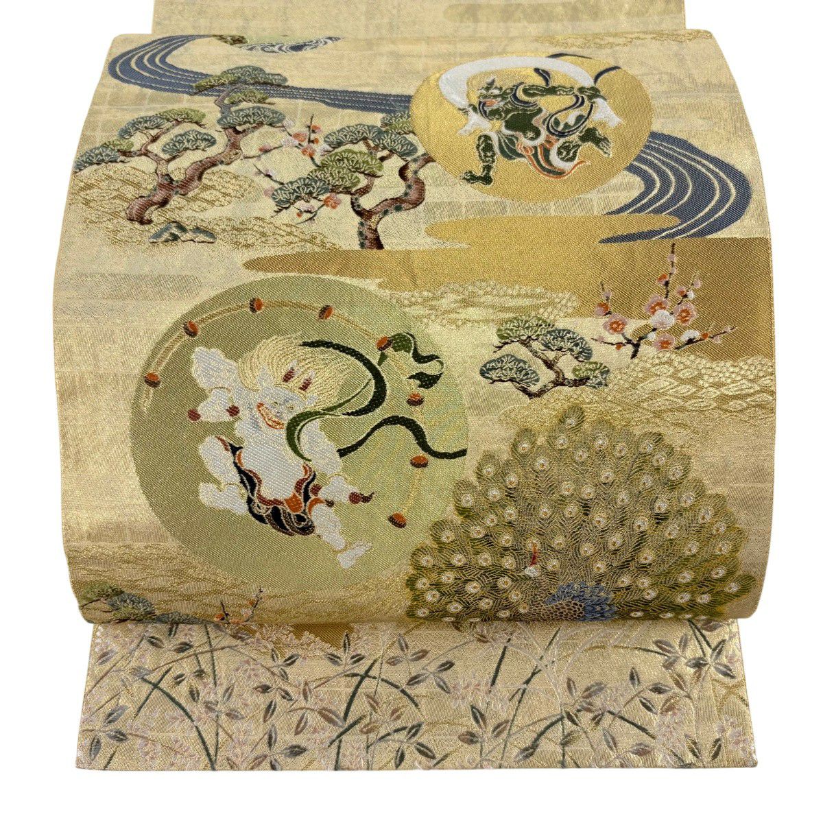 袋帶 逸品級 風神雷神 孔雀 金銀絲 刺繡 金色 大鼓圖案 純蠶絲