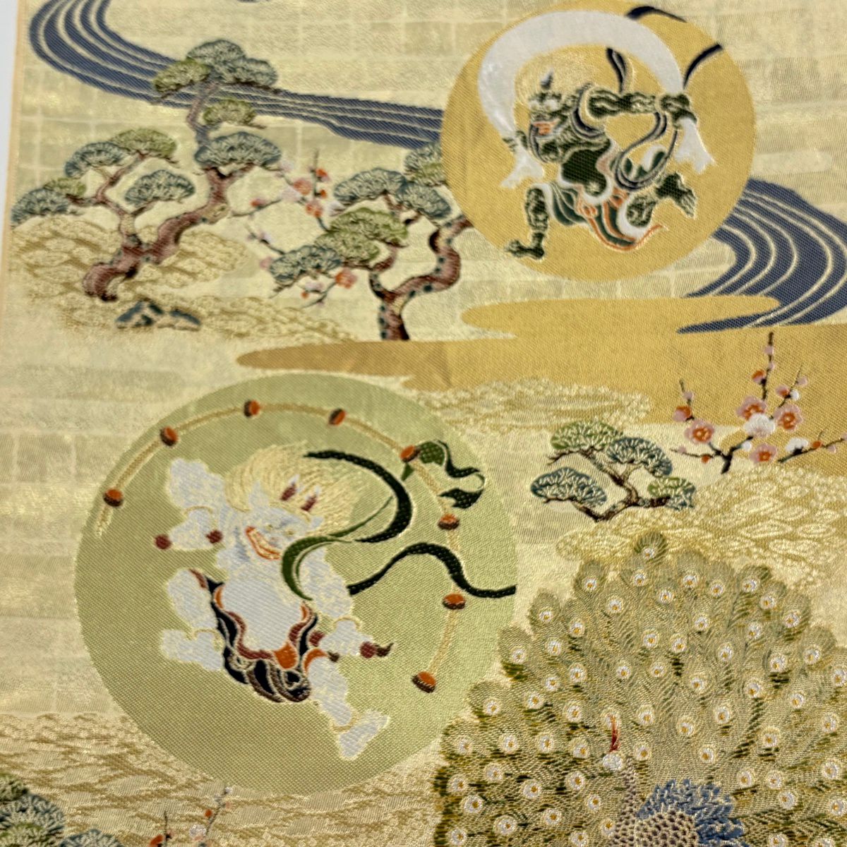 袋帶 逸品級 風神雷神 孔雀 金銀絲 刺繡 金色 大鼓圖案 純蠶絲