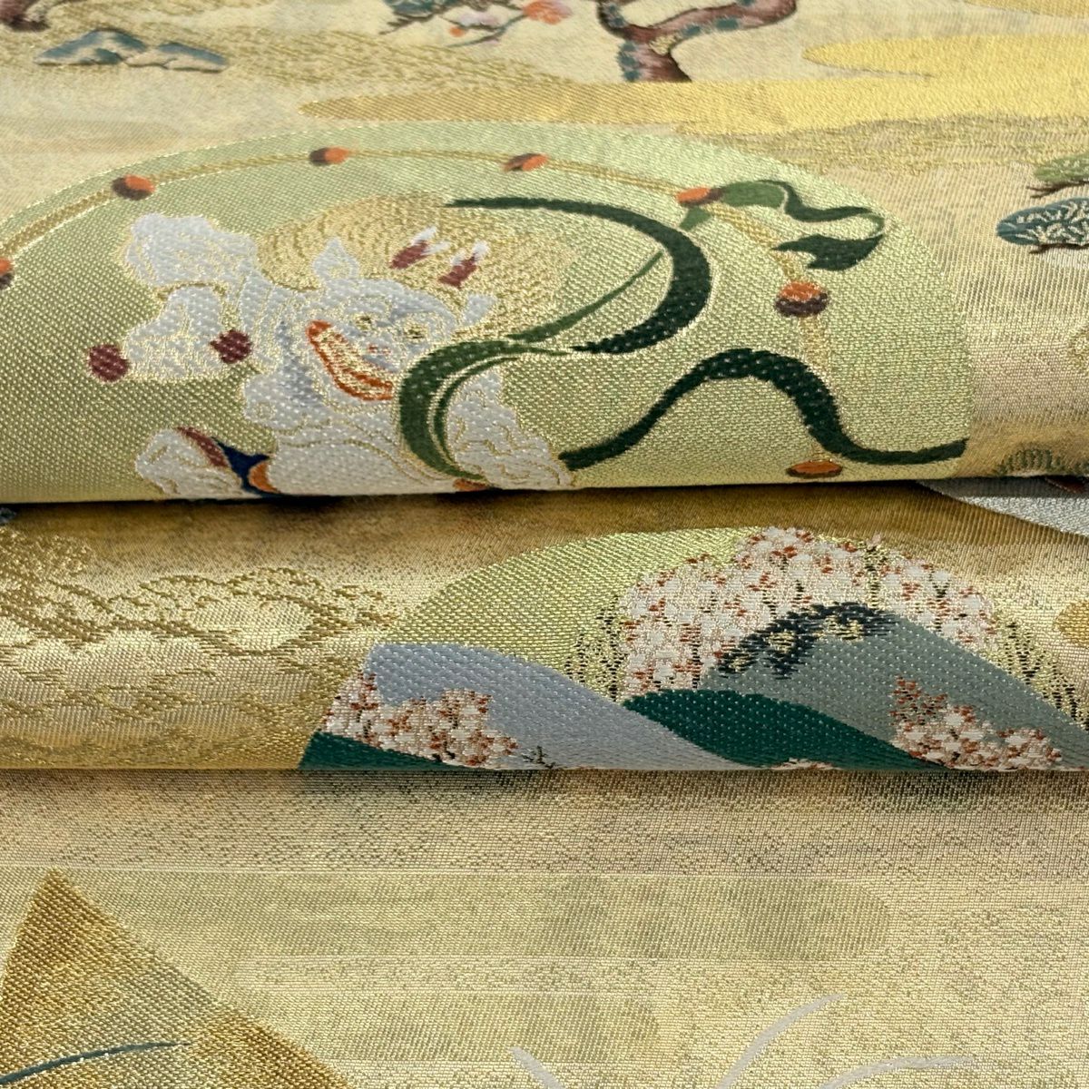 袋帶 逸品級 風神雷神 孔雀 金銀絲 刺繡 金色 大鼓圖案 純蠶絲