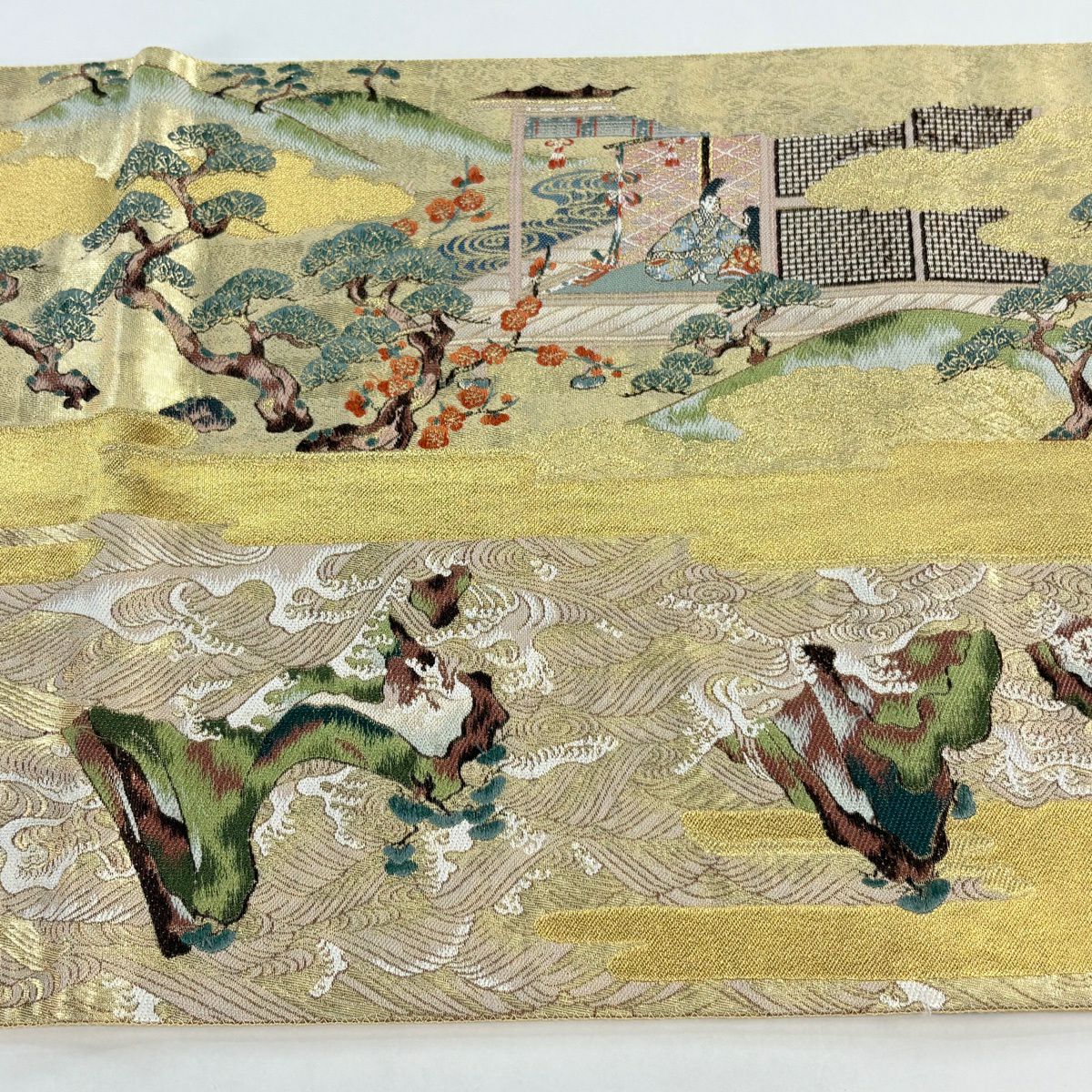 袋帶 逸品級 風神雷神 孔雀 金銀絲 刺繡 金色 大鼓圖案 純蠶絲
