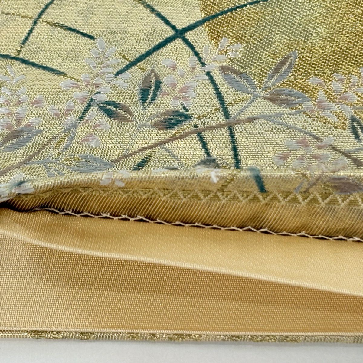 袋帶 逸品級 風神雷神 孔雀 金銀絲 刺繡 金色 大鼓圖案 純蠶絲