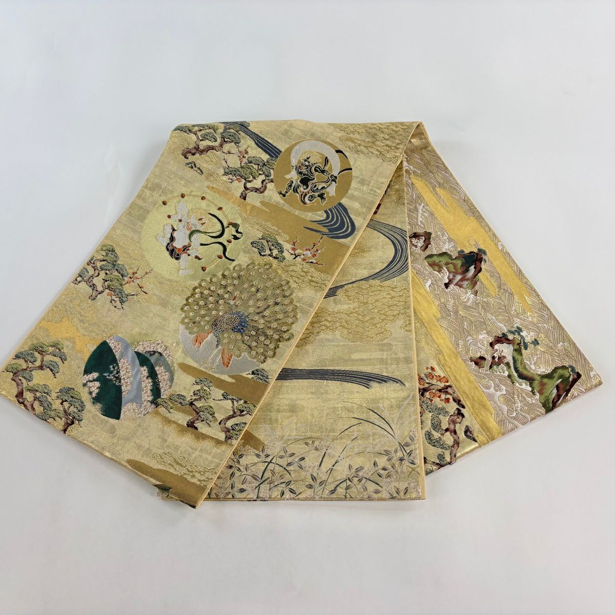 袋帶 逸品級 風神雷神 孔雀 金銀絲 刺繡 金色 大鼓圖案 純蠶絲