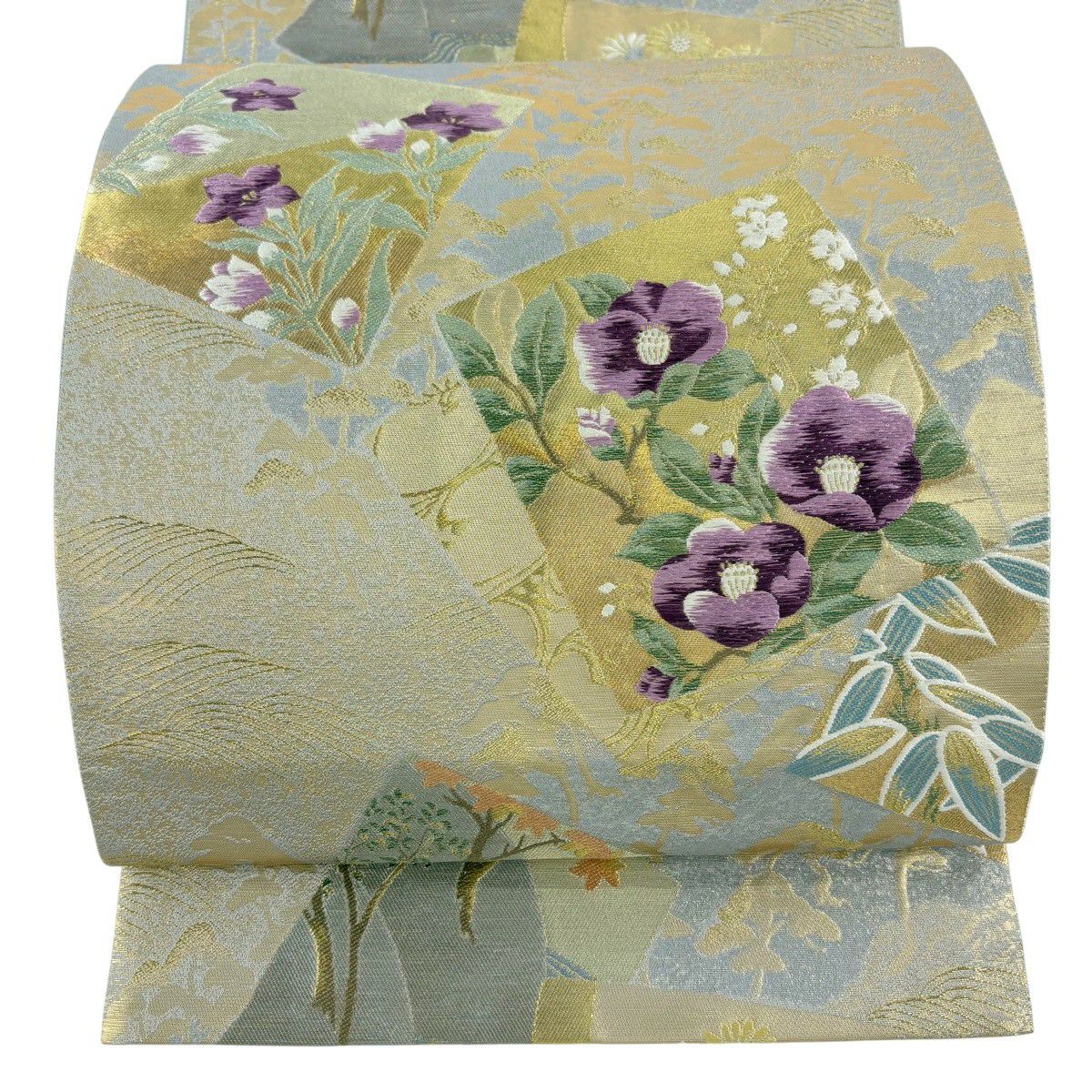 袋帶 逸品級 じゅらく 落款あり 色紙 草花紋 金糸 刺繡 灰 深藍柄 純蠶絲
