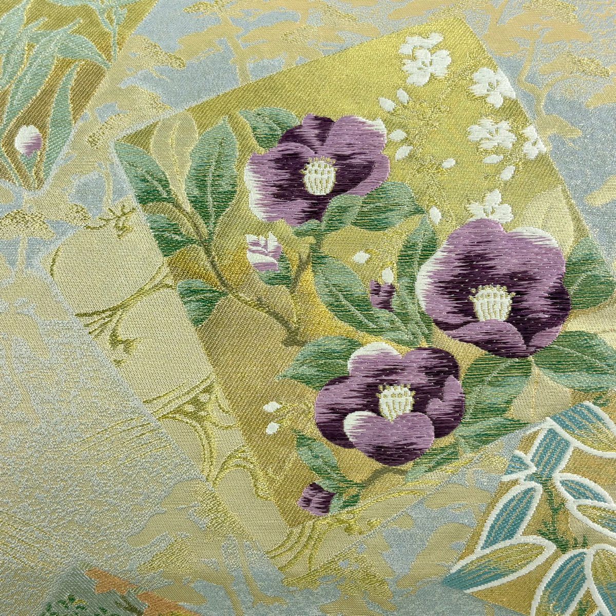 袋帶 逸品級 じゅらく 落款あり 色紙 草花紋 金糸 刺繡 灰 深藍柄 純蠶絲