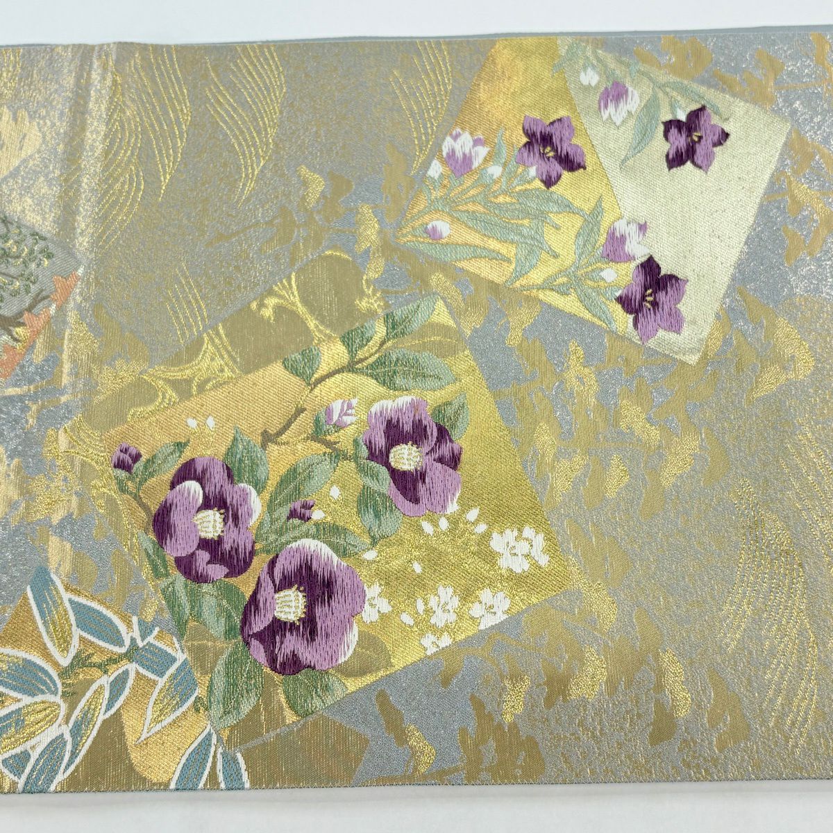 袋帶 逸品級 じゅらく 落款あり 色紙 草花紋 金糸 刺繡 灰 深藍柄 純蠶絲