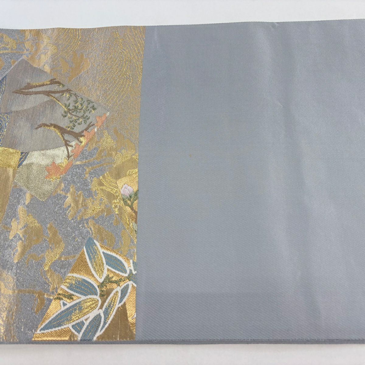 袋帶 逸品級 じゅらく 落款あり 色紙 草花紋 金糸 刺繡 灰 深藍柄 純蠶絲