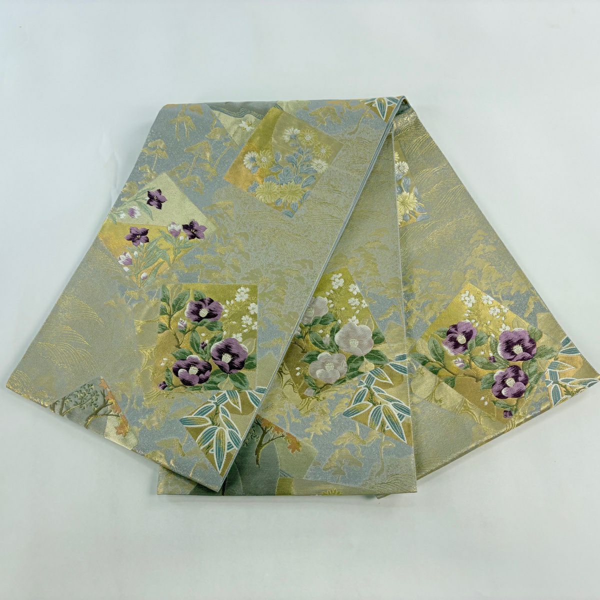 袋帶 逸品級 じゅらく 落款あり 色紙 草花紋 金糸 刺繡 灰 深藍柄 純蠶絲