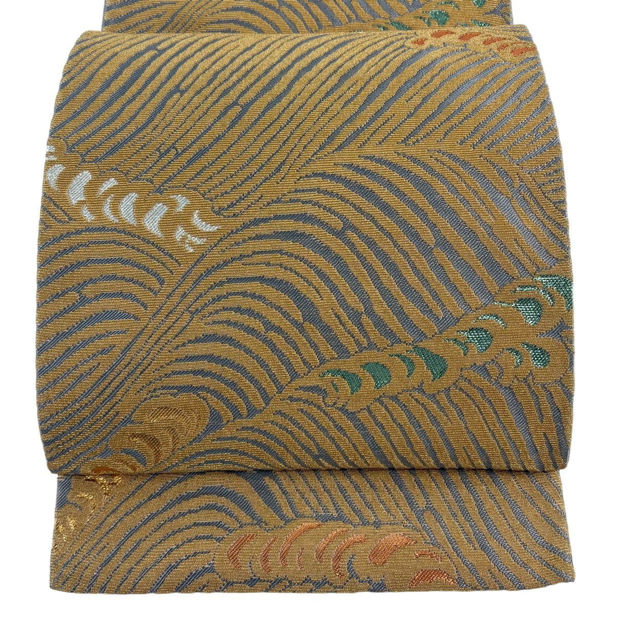 【美品】 袋帶 名品級 花井幸子 落款あり 波頭 金華山織 金糸 青灰 六通 純蠶絲