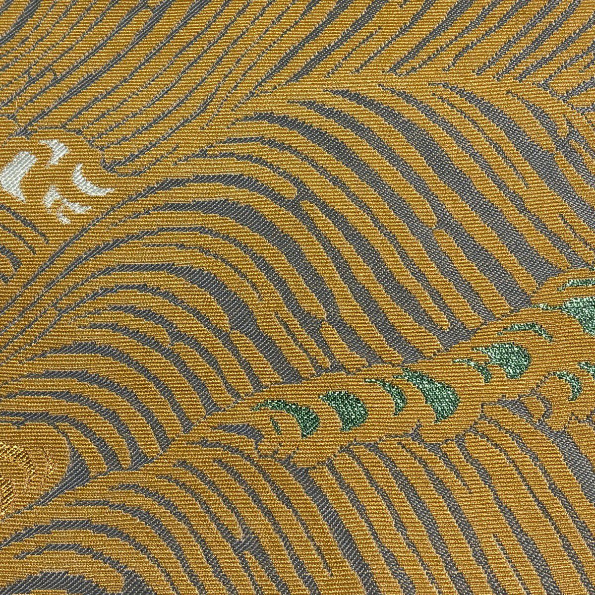 【美品】 袋帶 名品級 花井幸子 落款あり 波頭 金華山織 金糸 青灰 六通 純蠶絲