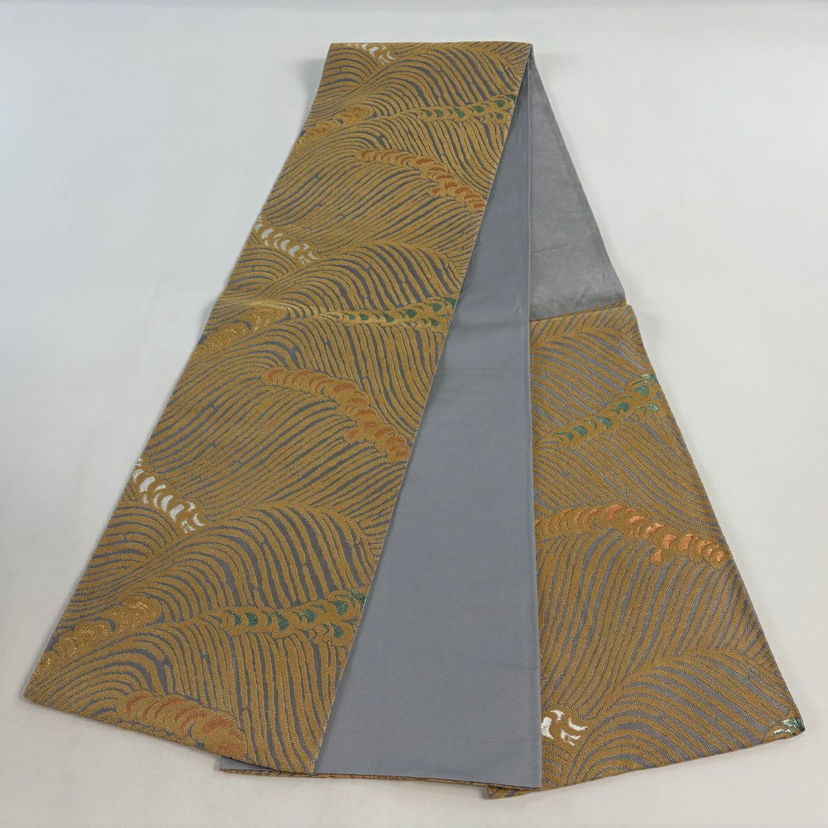 【美品】 袋帶 名品級 花井幸子 落款あり 波頭 金華山織 金糸 青灰 六通 純蠶絲