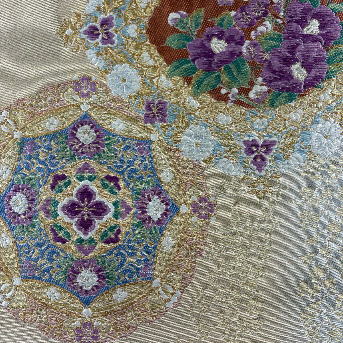 袋帶 名品級 じゅらく 落款あり 帝王紫 華紋 草花紋 唐織 金糸 金色 お太鼓柄 純蠶絲