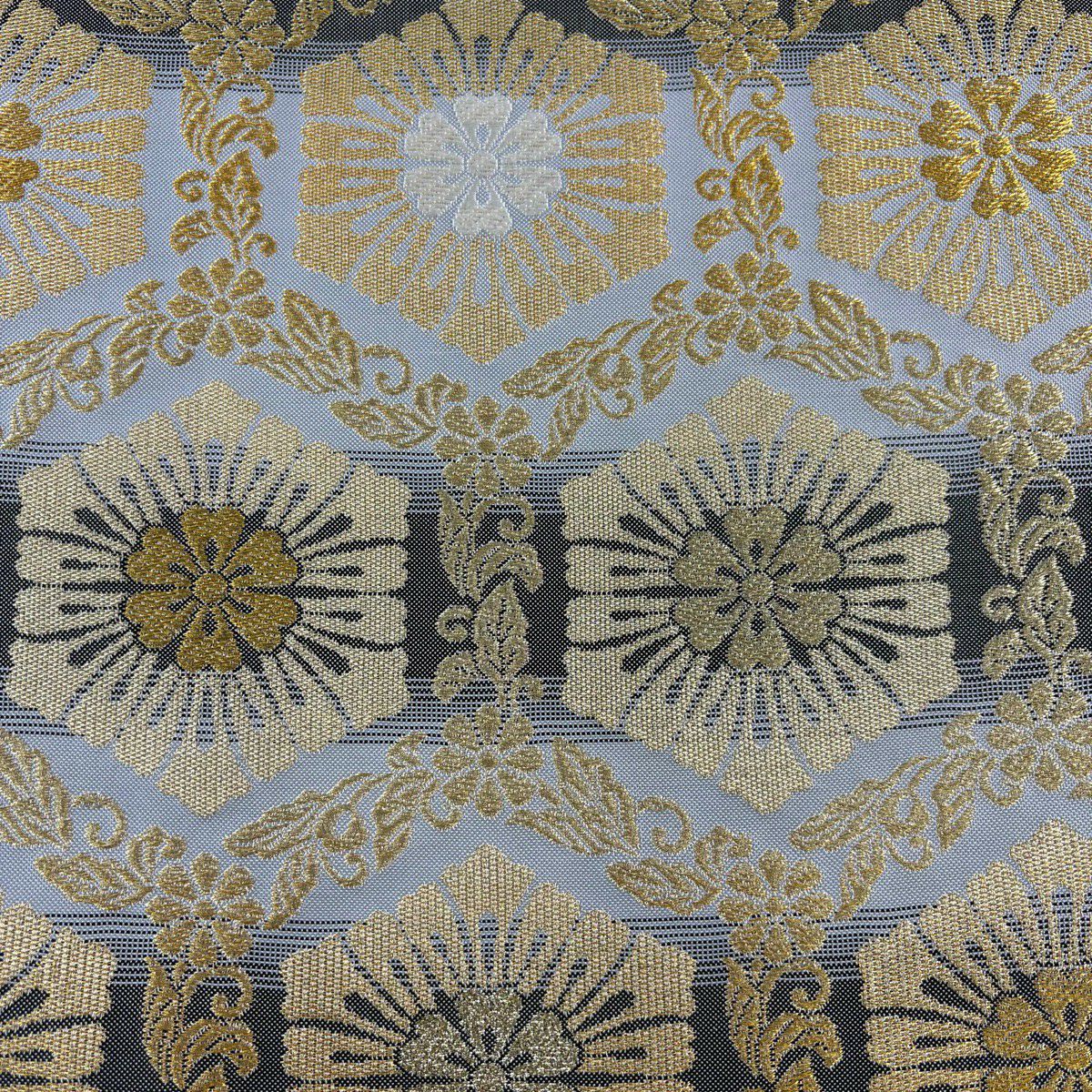 【美品】 袋帶 名品級 本袋 龜甲 草花紋紋 唐織 金絲 灰色 全通 純蠶絲