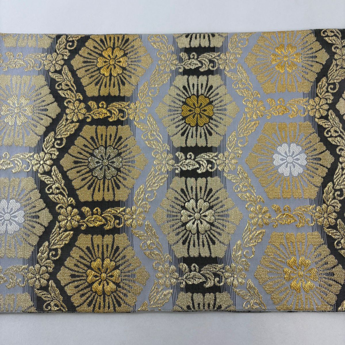 【美品】 袋帶 名品級 本袋 龜甲 草花紋紋 唐織 金絲 灰色 全通 純蠶絲