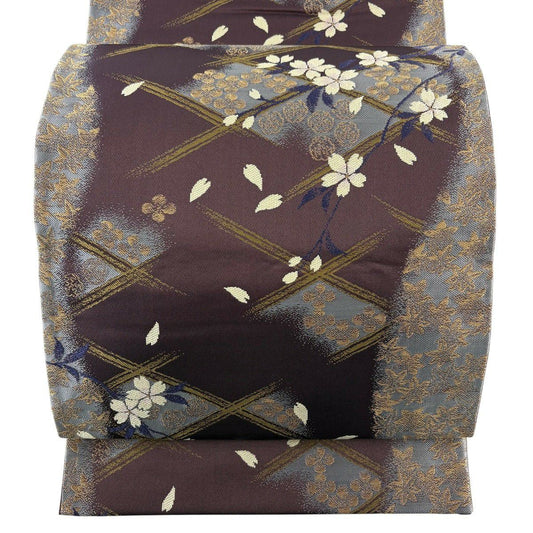 【美品】 袋帶 名品級 坂東三津五郎 落款 花布季 やまと 樱花楓 菱格子 金絲 紫 六通 純蠶絲