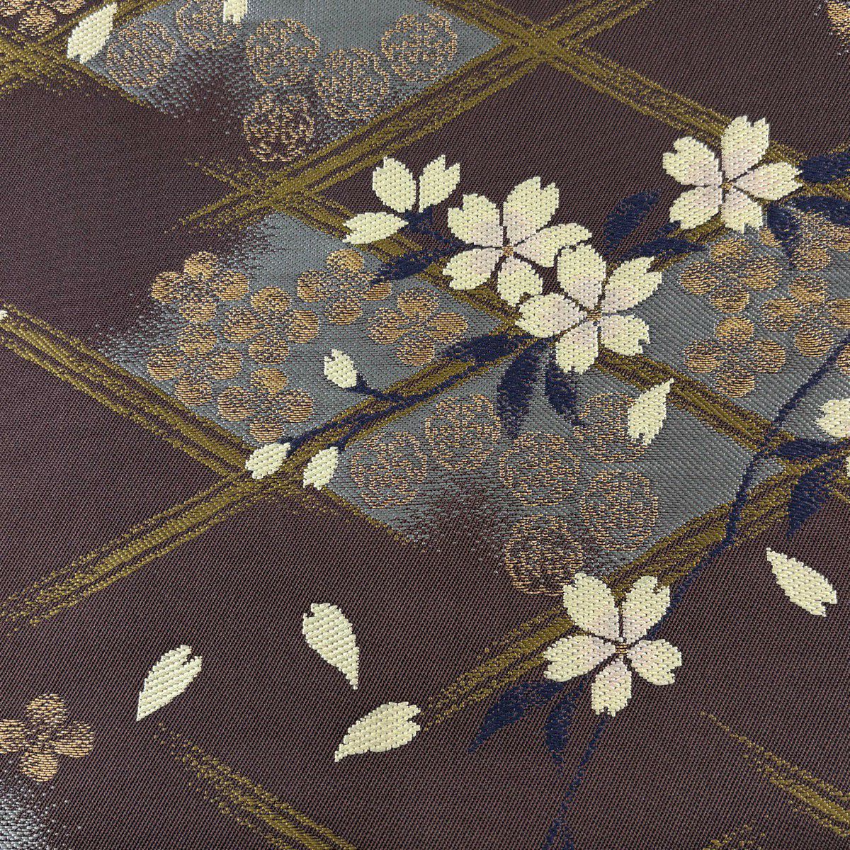 【美品】 袋帶 名品級 坂東三津五郎 落款 花布季 やまと 樱花楓 菱格子 金絲 紫 六通 純蠶絲