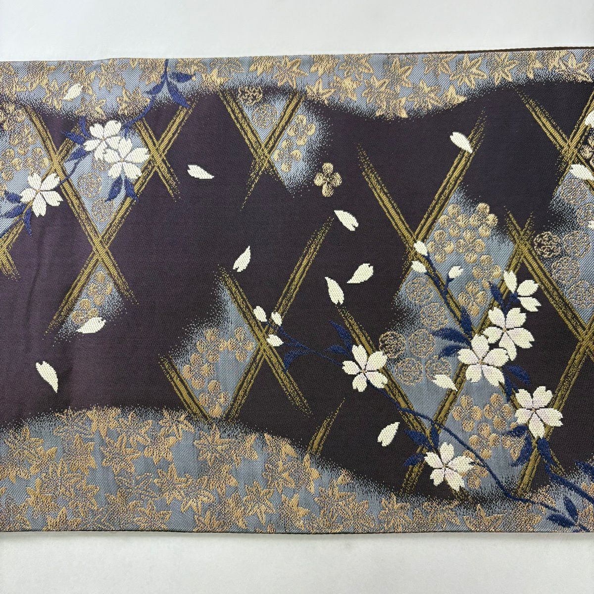 【美品】 袋帶 名品級 坂東三津五郎 落款 花布季 やまと 樱花楓 菱格子 金絲 紫 六通 純蠶絲