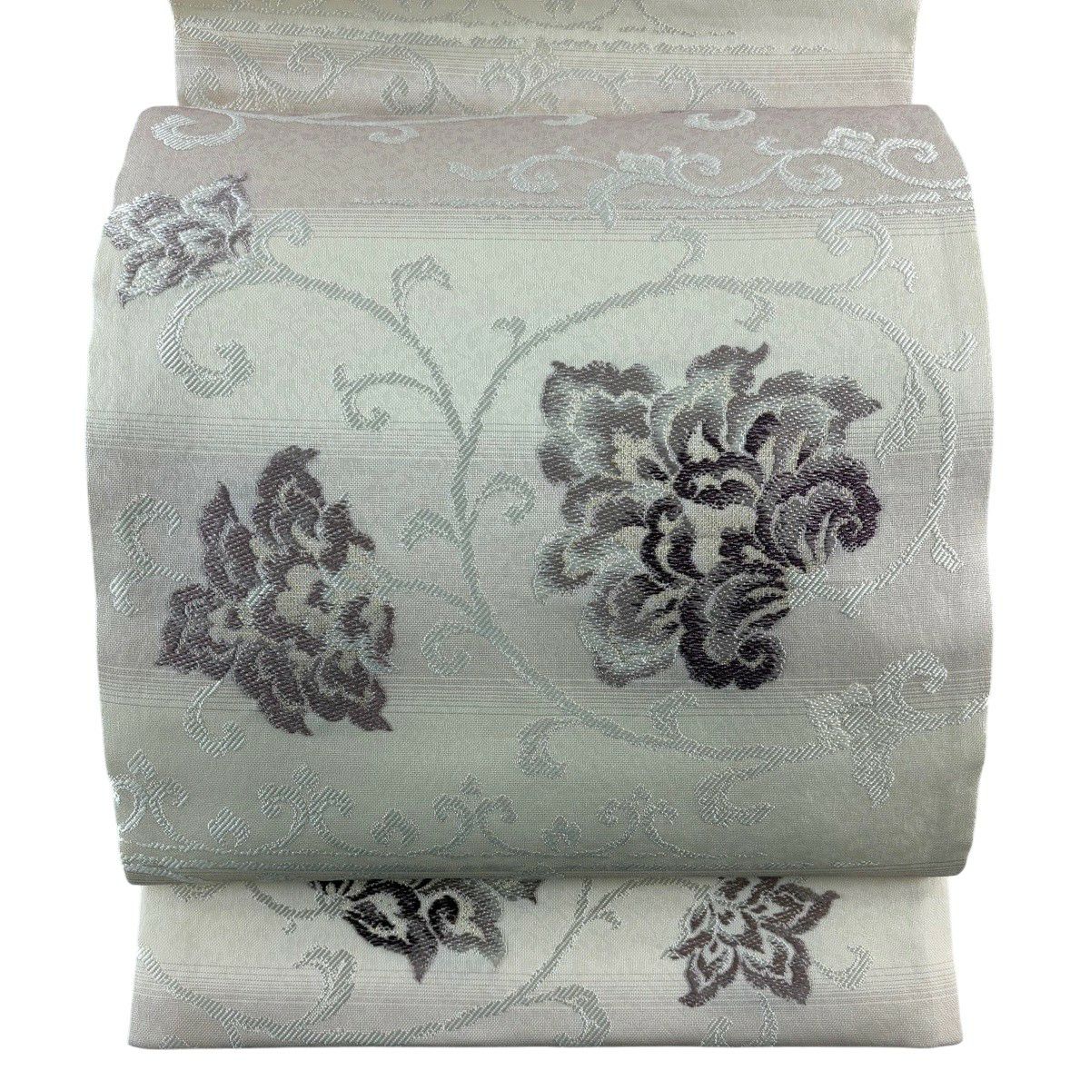 【美品】 袋帶 名品級 花唐草紋 段紋 金絲 金金箔 奶油 六通 純蠶絲